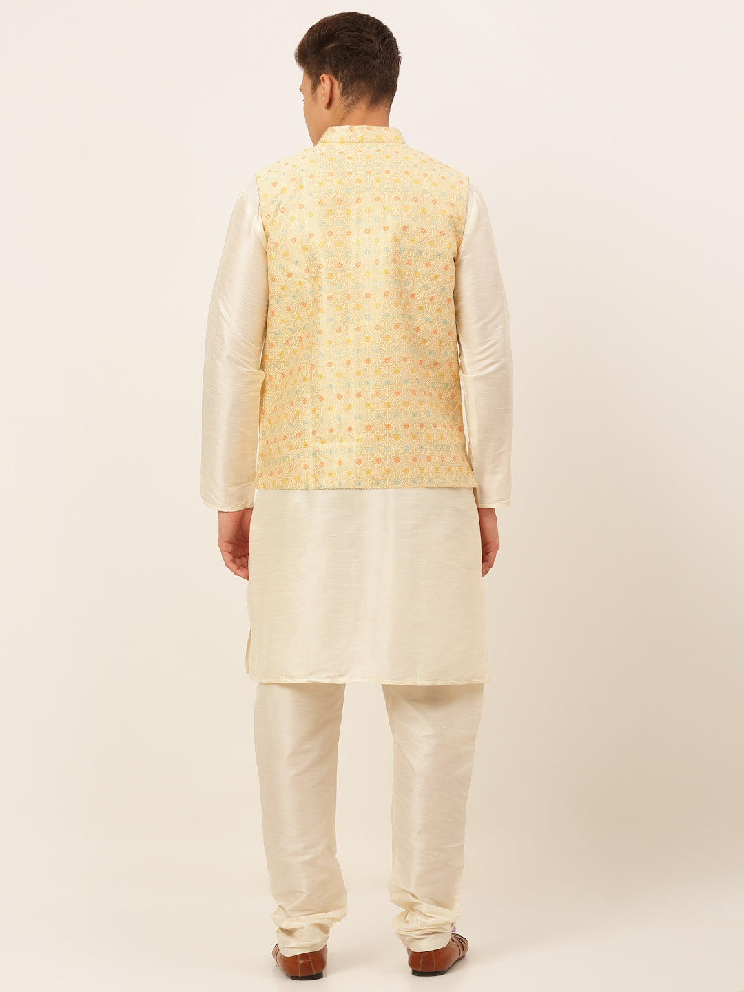 Men's Solid Kurta Pyjama With Nehru Jacket ( JOKPWC W-D 4047Yellow )