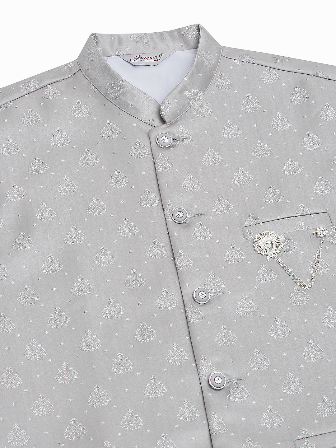 Men's Solid Kurta Pyjama With Woven Design Nehru Jacket ( JOKPWC W-D 4050Grey )
