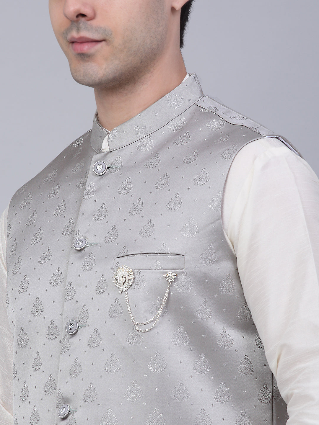 Men's Solid Kurta Pyjama With Woven Design Nehru Jacket ( JOKPWC W-D 4050Grey )