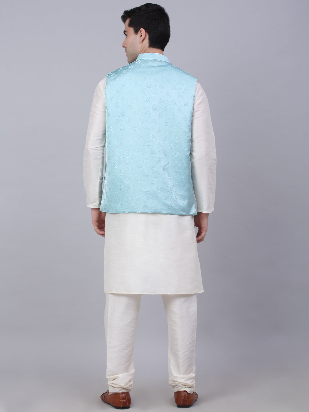 Men's Solid Kurta Pyjama With Woven Design Nehru Jacket ( JOKPWC W-D 4050Sky )