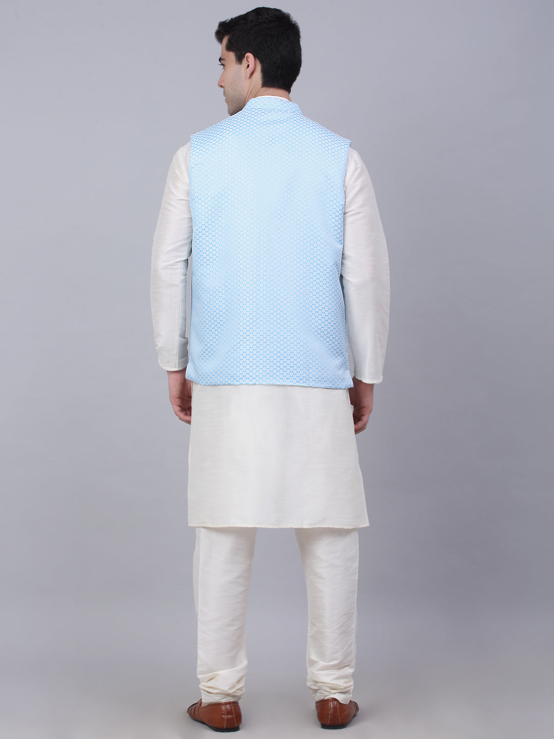 Men's Solid Kurta Pyjama With Woven Design Nehru Jacket ( JOKPWC W-D 4066Blue )