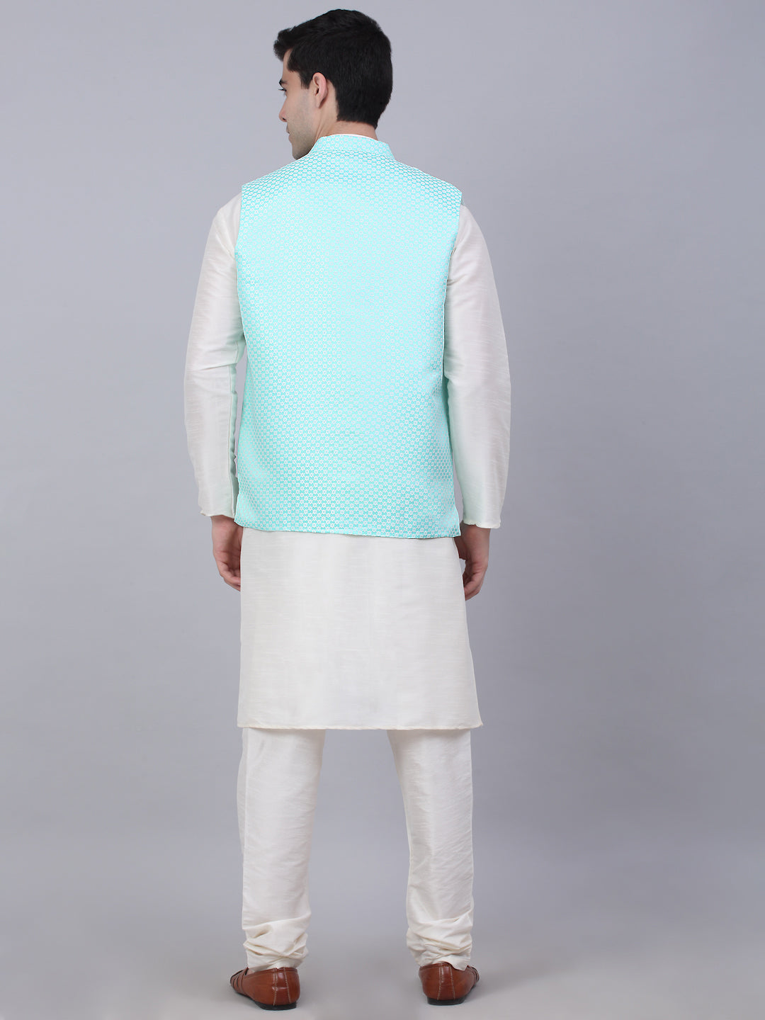 Men's Solid Kurta Pyjama With Woven Design Nehru Jacket ( JOKPWC W-D 4066Sky )