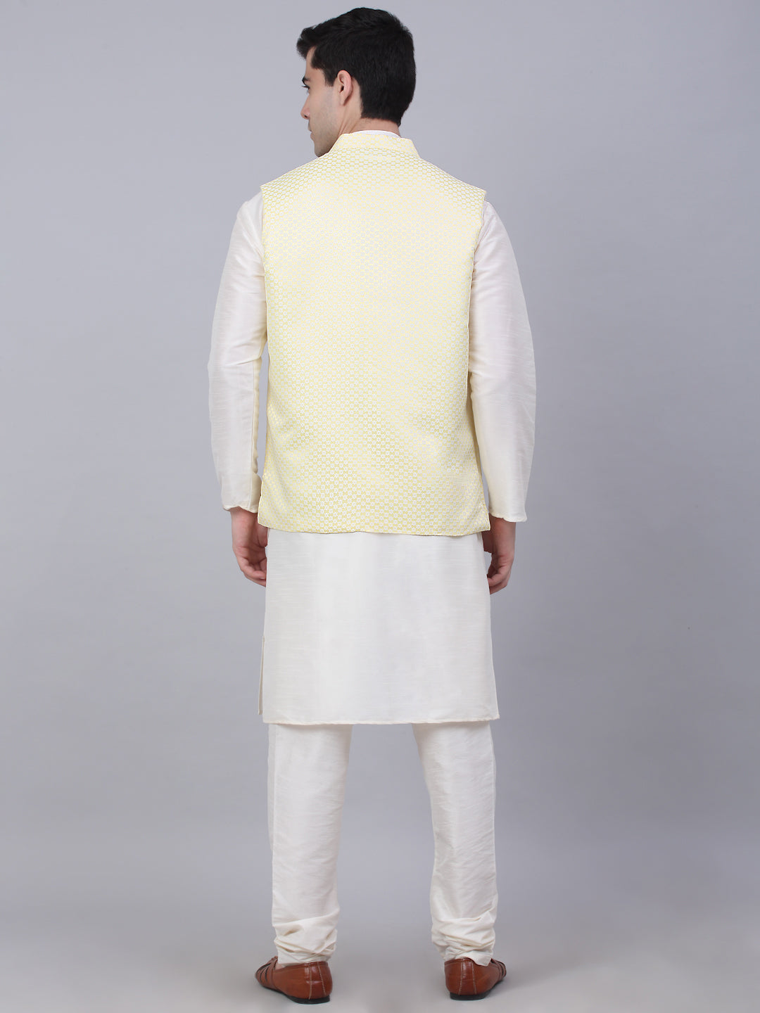 Men's Solid Kurta Pyjama With Woven Design Nehru Jacket ( JOKPWC W-D 4066Yellow )
