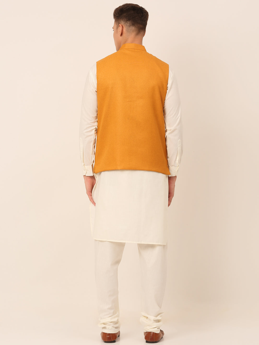Men's Solid Kurta Pyjama With Nehru Jacket ( JOKPWC W-F 4046Mustard )