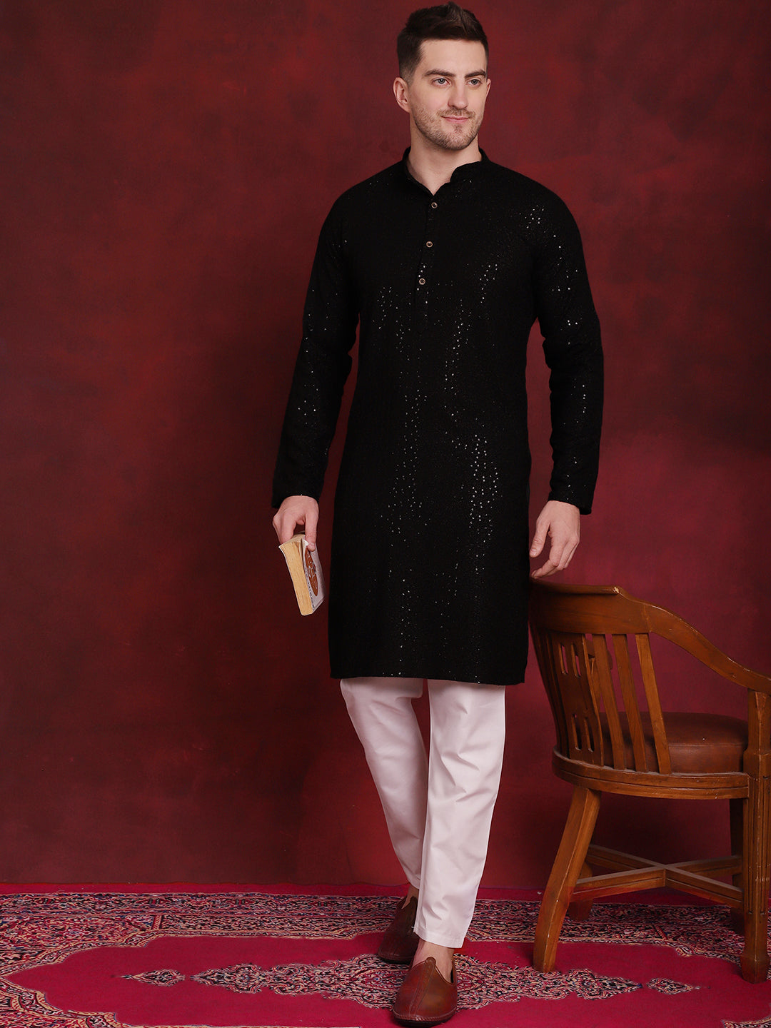 Men's Sequins Chikankari Kurta with Pyjama ( JOKP P 5018Black )
