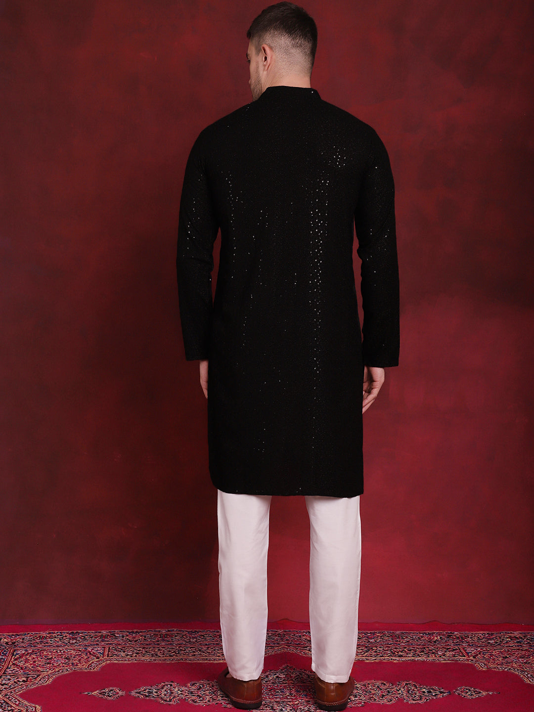 Men's Sequins Chikankari Kurta with Pyjama ( JOKP P 5018Black )