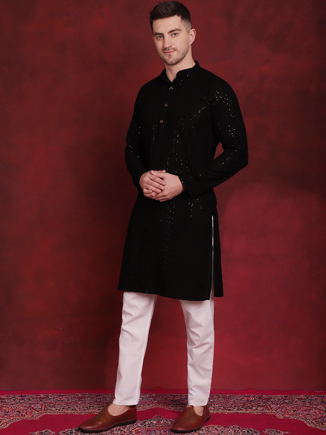 Men's Sequins Chikankari Kurta with Pyjama ( JOKP P 5018Black )