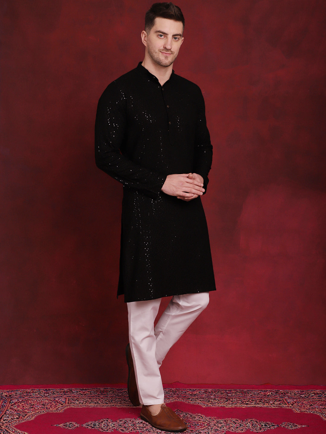 Men's Sequins Chikankari Kurta with Pyjama ( JOKP P 5018Black )