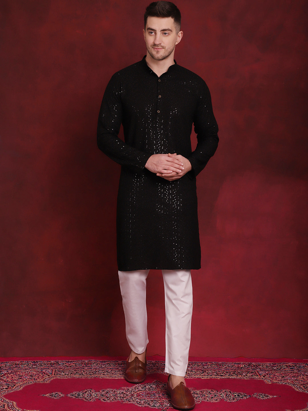Men's Sequins Chikankari Kurta with Pyjama ( JOKP P 5018Black )