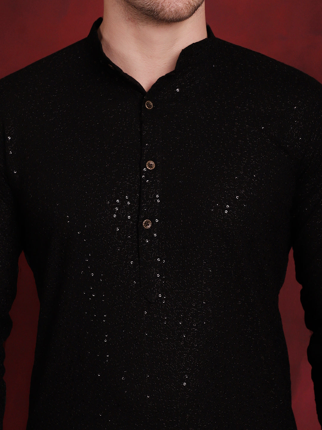 Men's Sequins Chikankari Kurta with Pyjama ( JOKP P 5018Black )