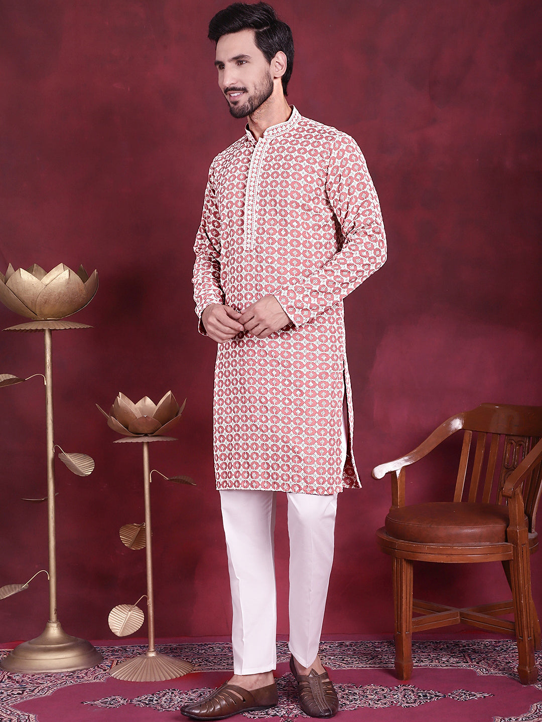 Men's Sequins Embroidered Kurta with Pyjama ( JOKP 5023 Peach )