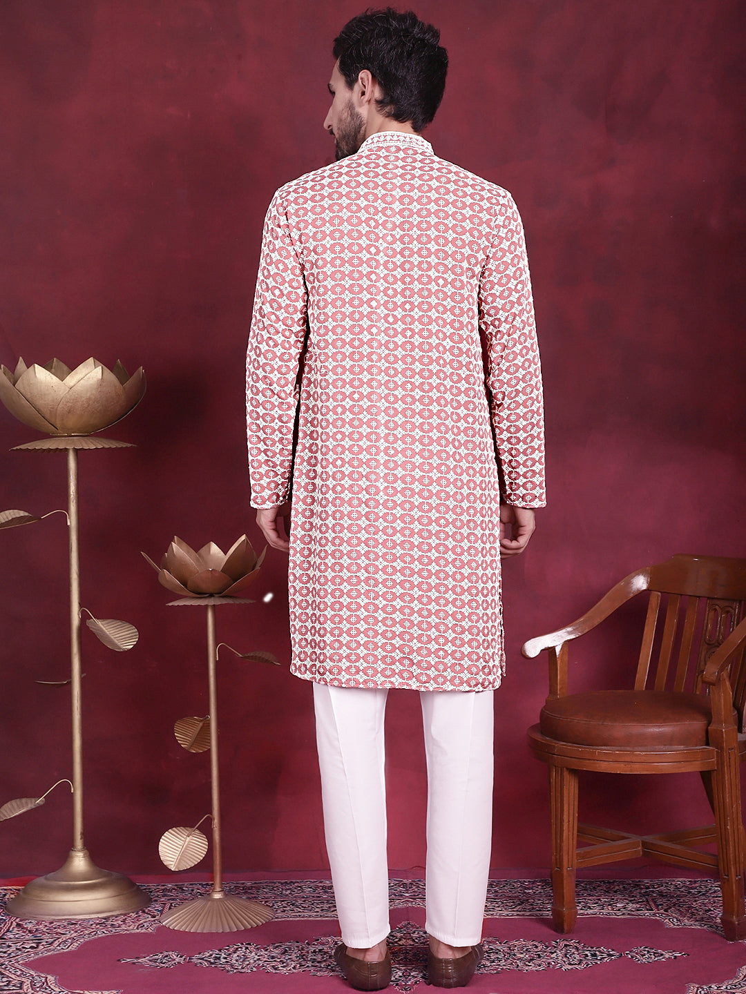 Men's Sequins Embroidered Kurta with Pyjama ( JOKP 5023 Peach )