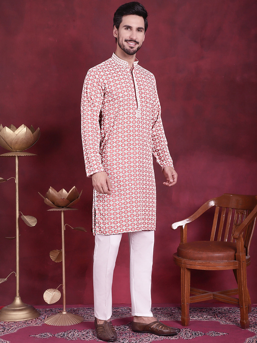 Men's Sequins Embroidered Kurta with Pyjama ( JOKP 5023 Peach )