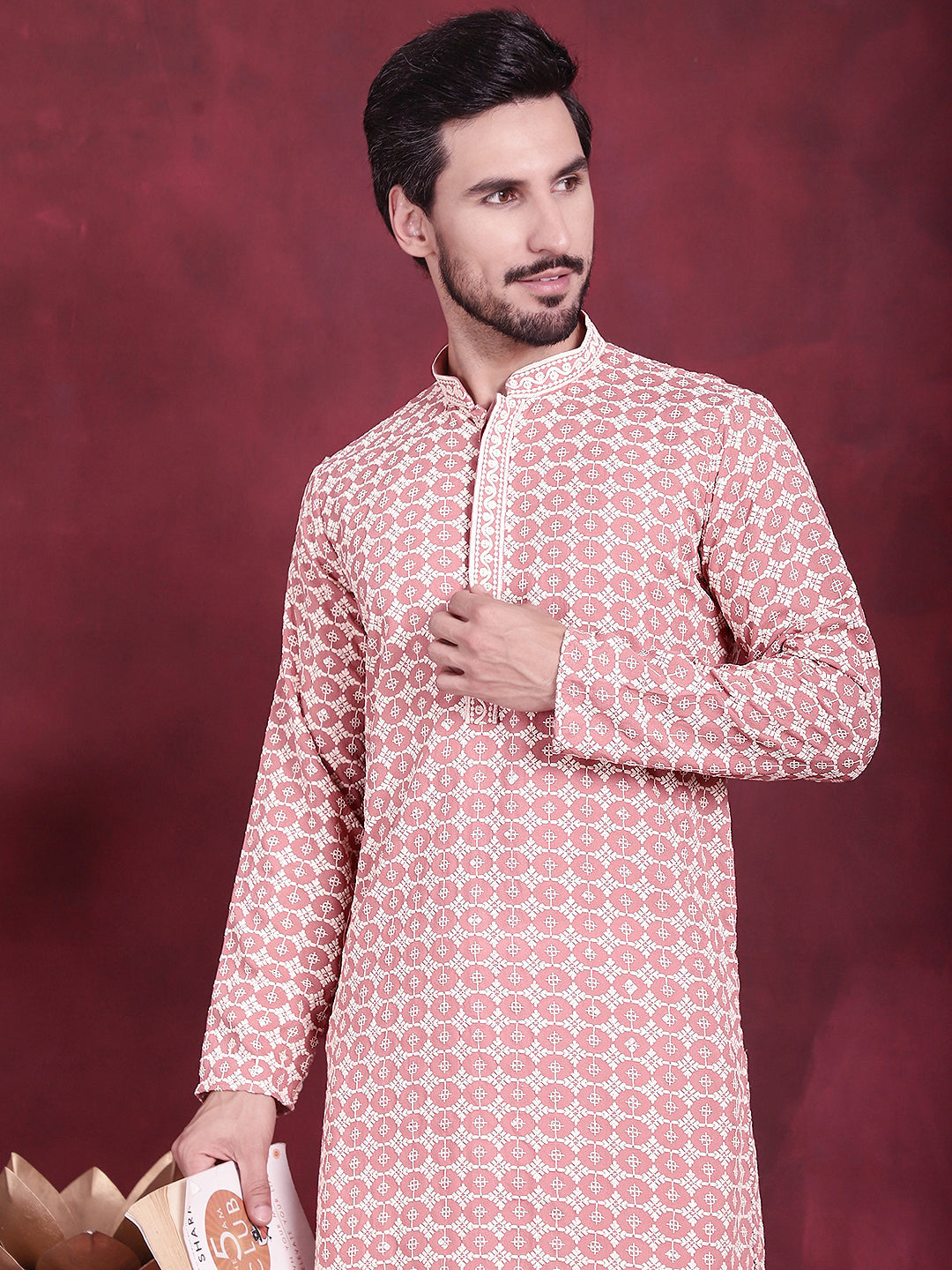 Men's Sequins Embroidered Kurta with Pyjama ( JOKP 5023 Peach )