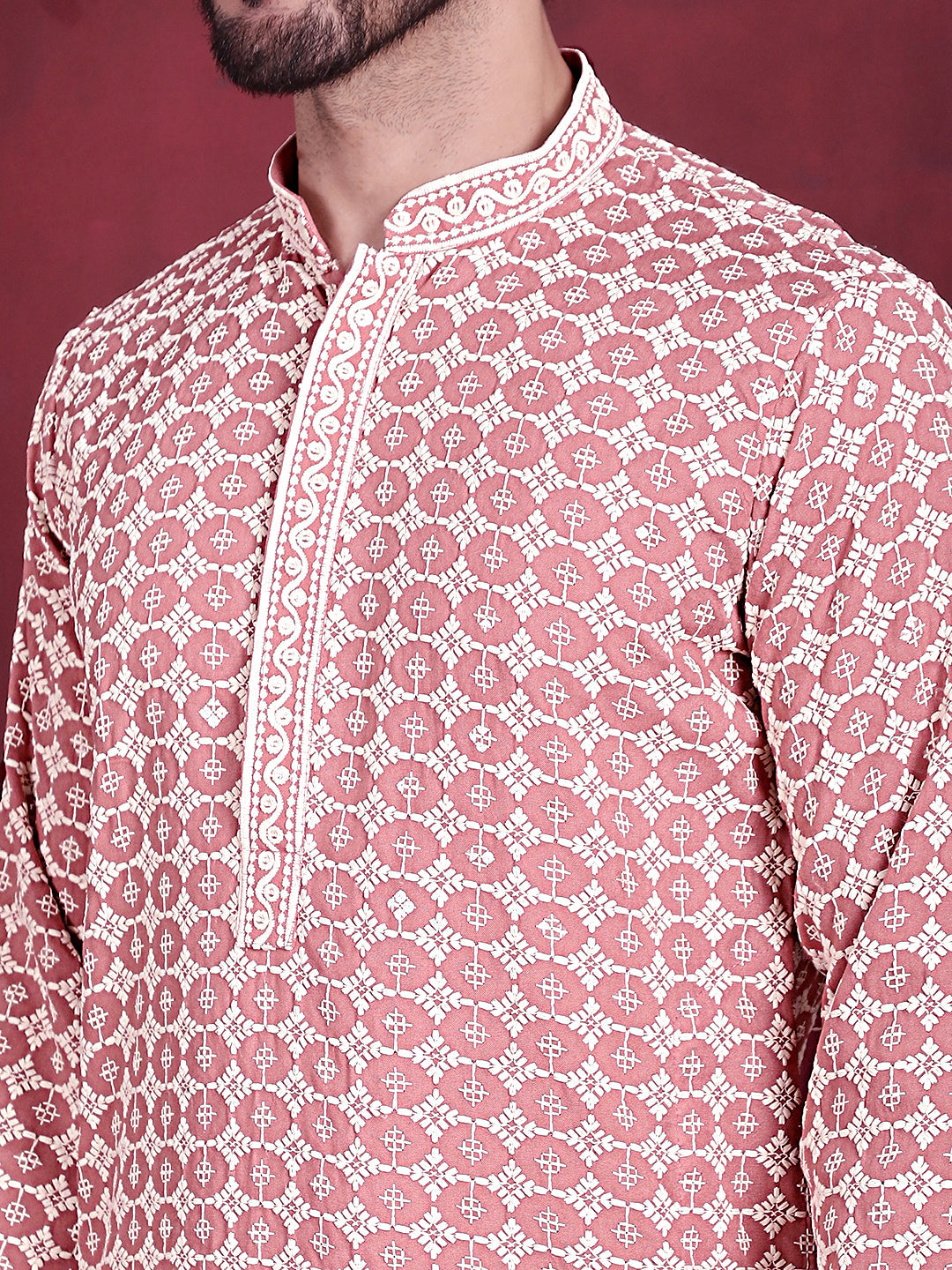 Men's Sequins Embroidered Kurta with Pyjama ( JOKP 5023 Peach )