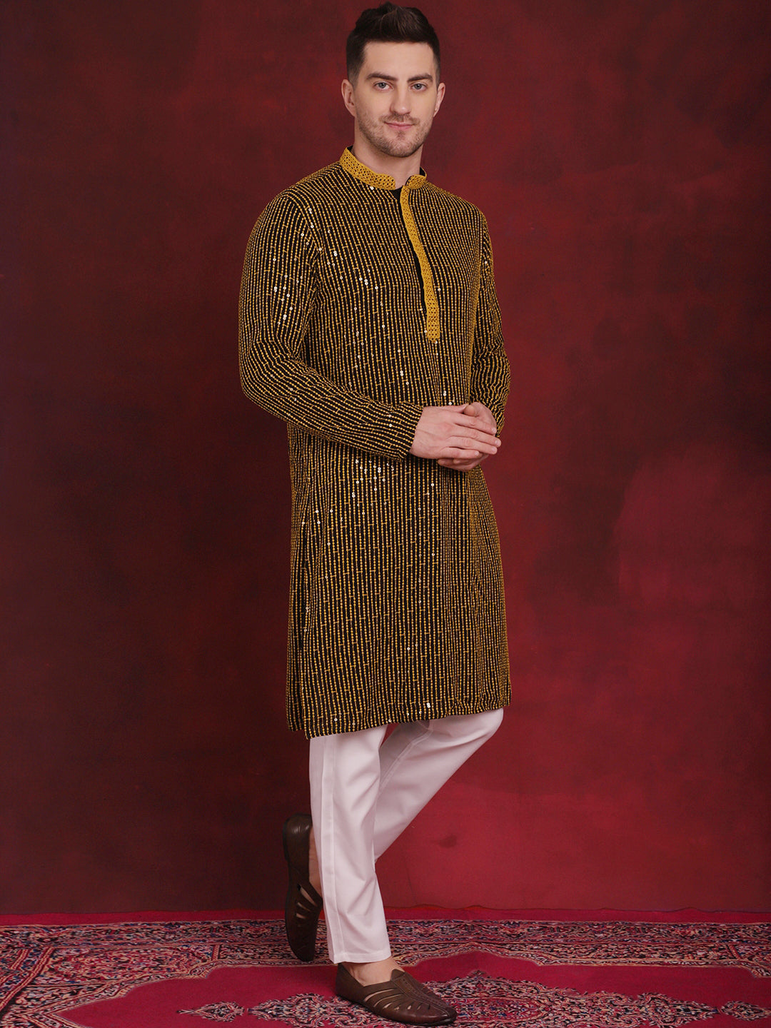 Men's Sequins Chikankari Embroidered Kurta with Pyjama ( JOKP P 5024Yellow )