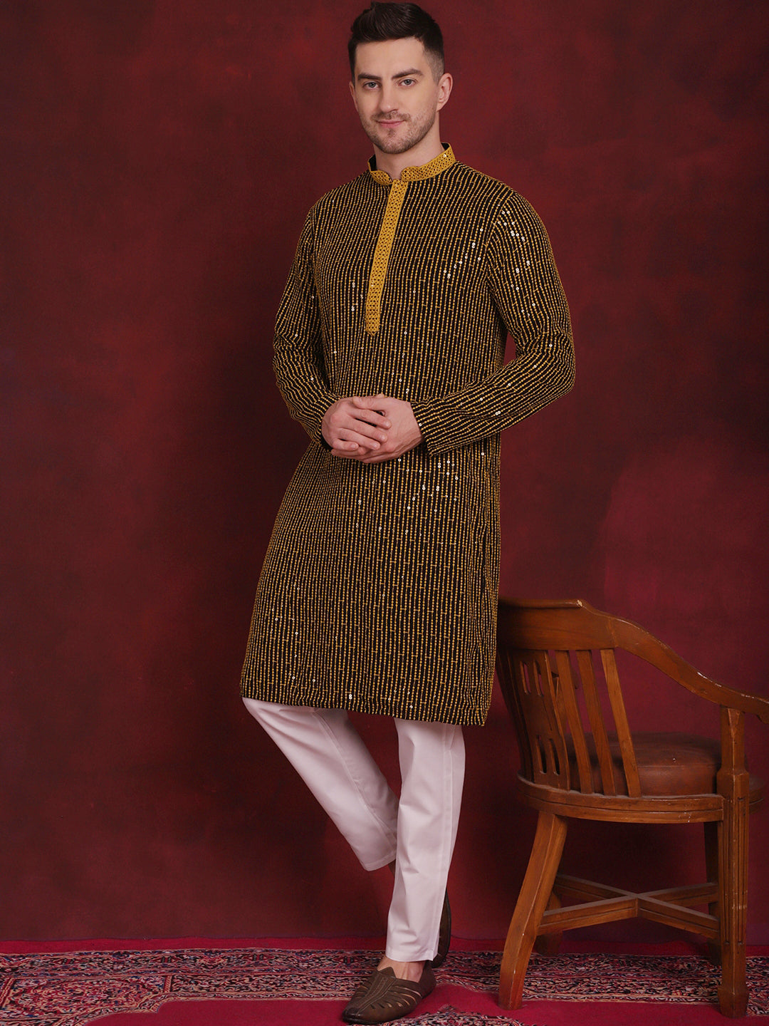 Men's Sequins Chikankari Embroidered Kurta with Pyjama ( JOKP P 5024Yellow )