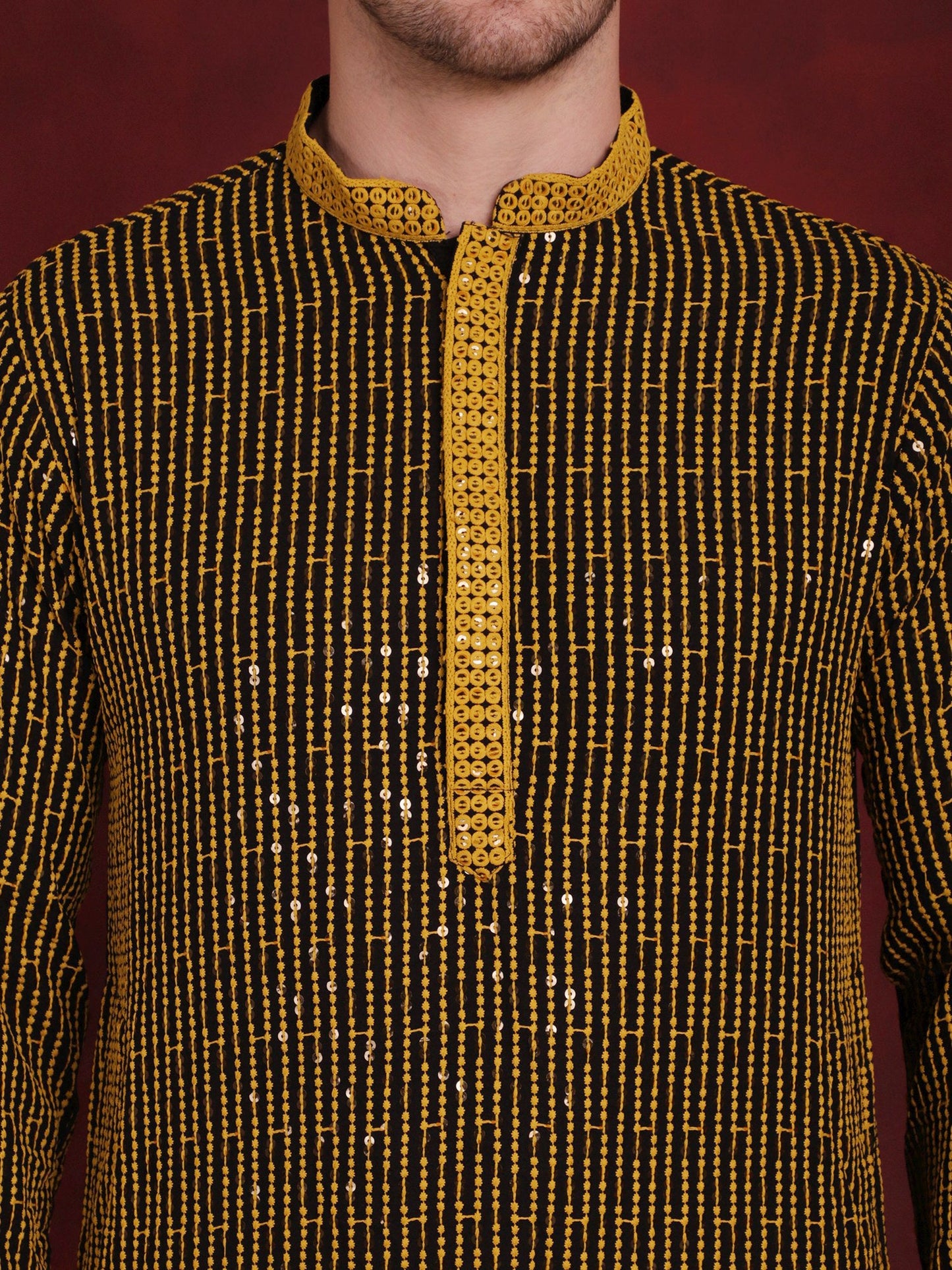Men's Sequins Chikankari Embroidered Kurta with Pyjama ( JOKP P 5024Yellow )