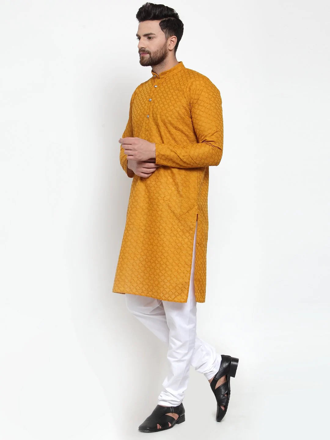 Jompers Men Mustard Chikan Kurta Only ( KO 561 Mustard )
