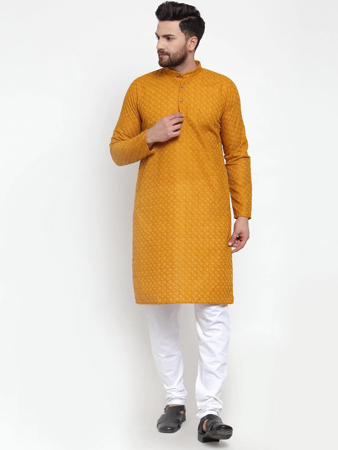 Jompers Men Mustard Chikan Kurta Only ( KO 561 Mustard )