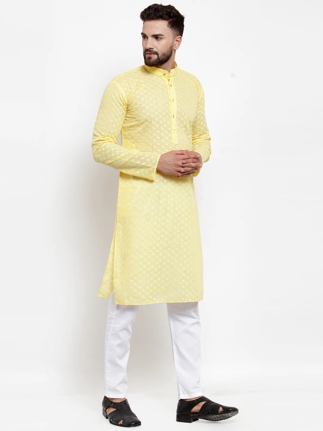 Jompers Men Yellow Chikan Kurta with Churidar ( JOKP 561 Yellow )