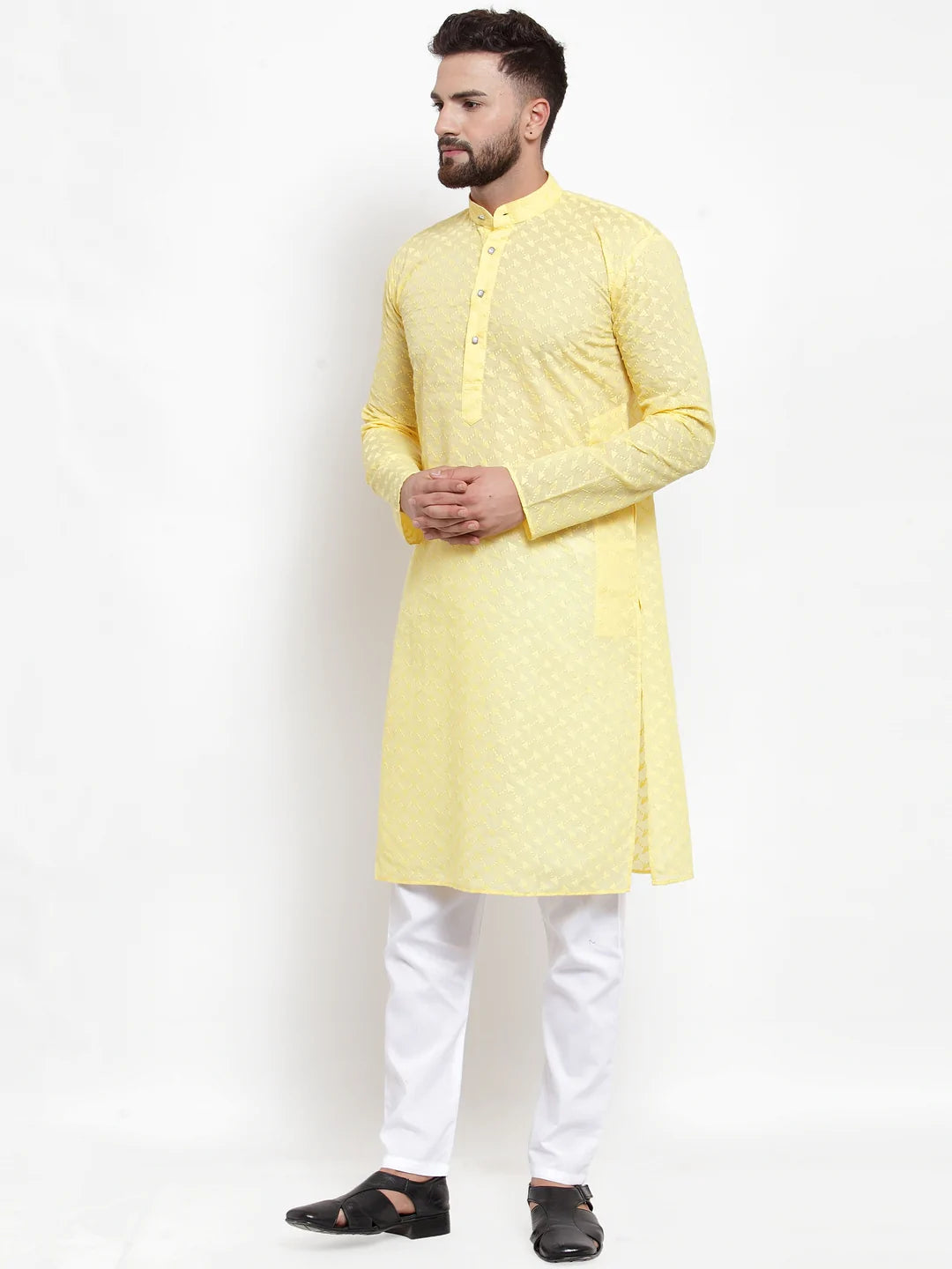 Jompers Men Yellow Chikan Kurta with Churidar ( JOKP 561 Yellow )