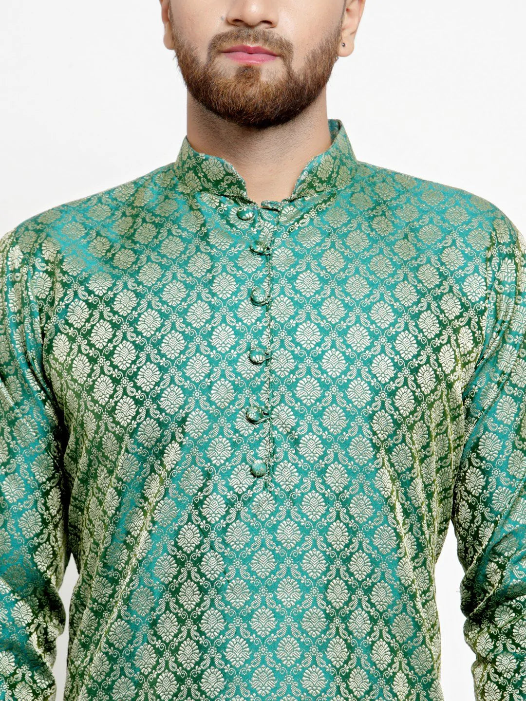 Men Green & Beige Self Design Kurta with Churidar - Jompers