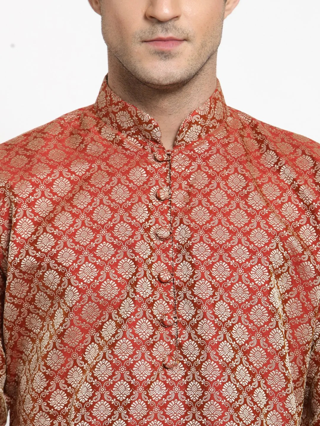 Men Red & Beige Self Design Kurta with Churidar - Jompers