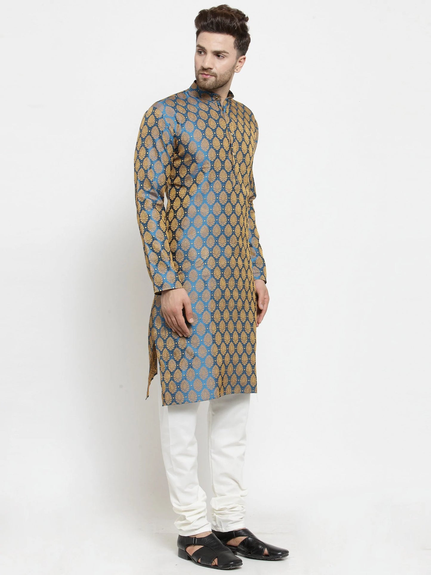 Men Blue-Colored & Golden Self Design Kurta Only ( KO 586 Blue )
