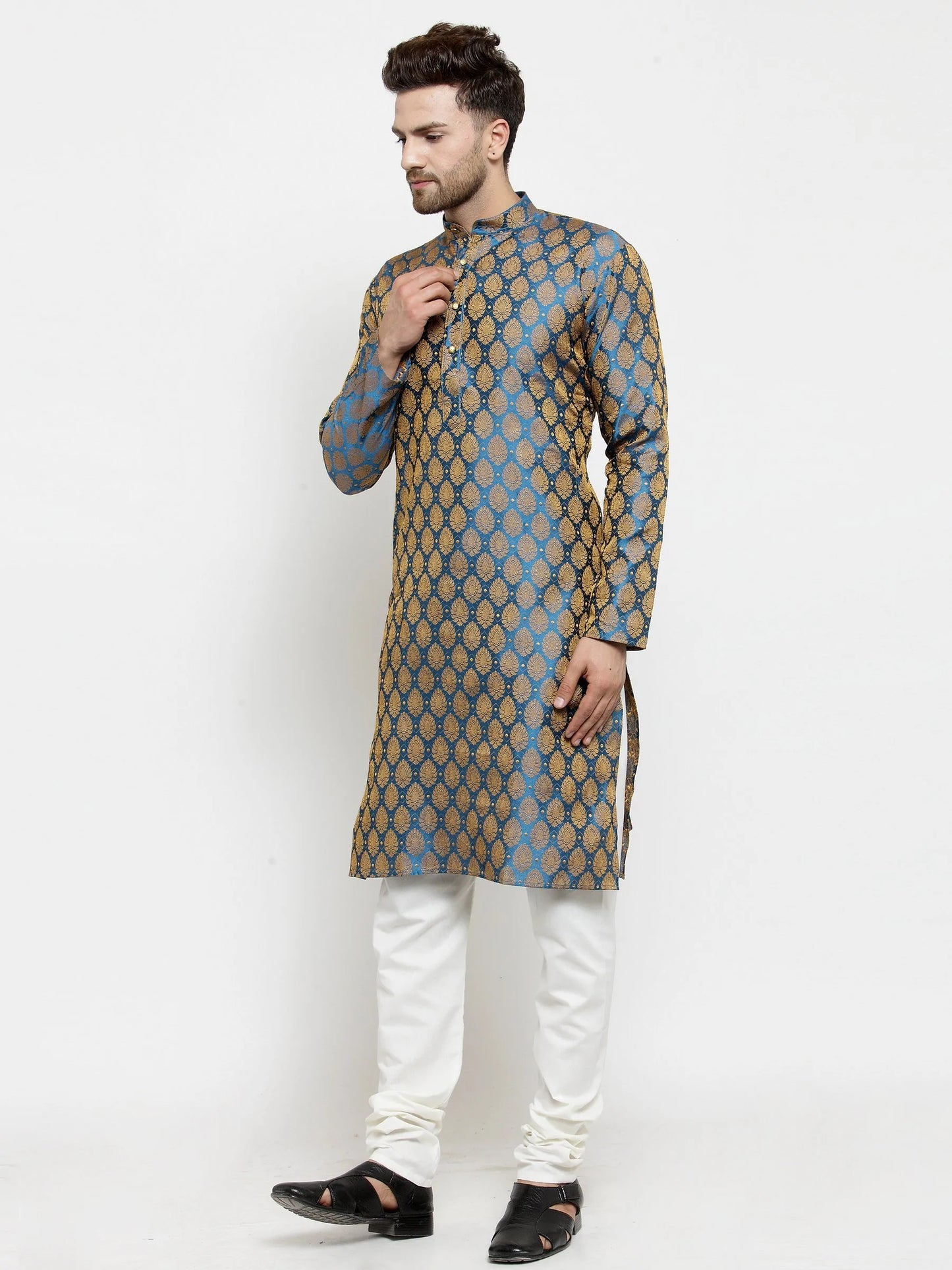 Men Blue-Colored & Golden Self Design Kurta Only ( KO 586 Blue )