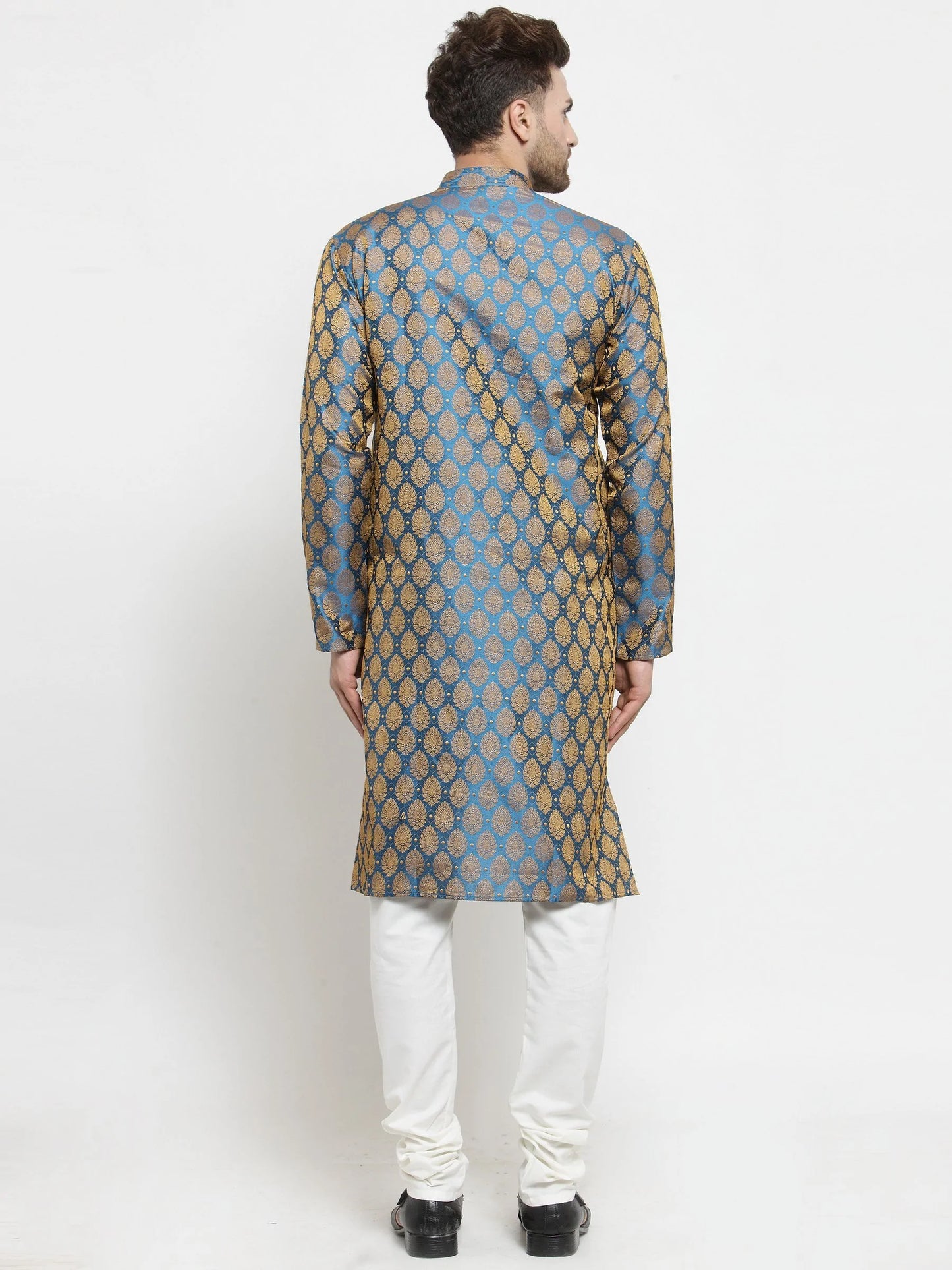 Men Blue-Colored & Golden Self Design Kurta Only ( KO 586 Blue )