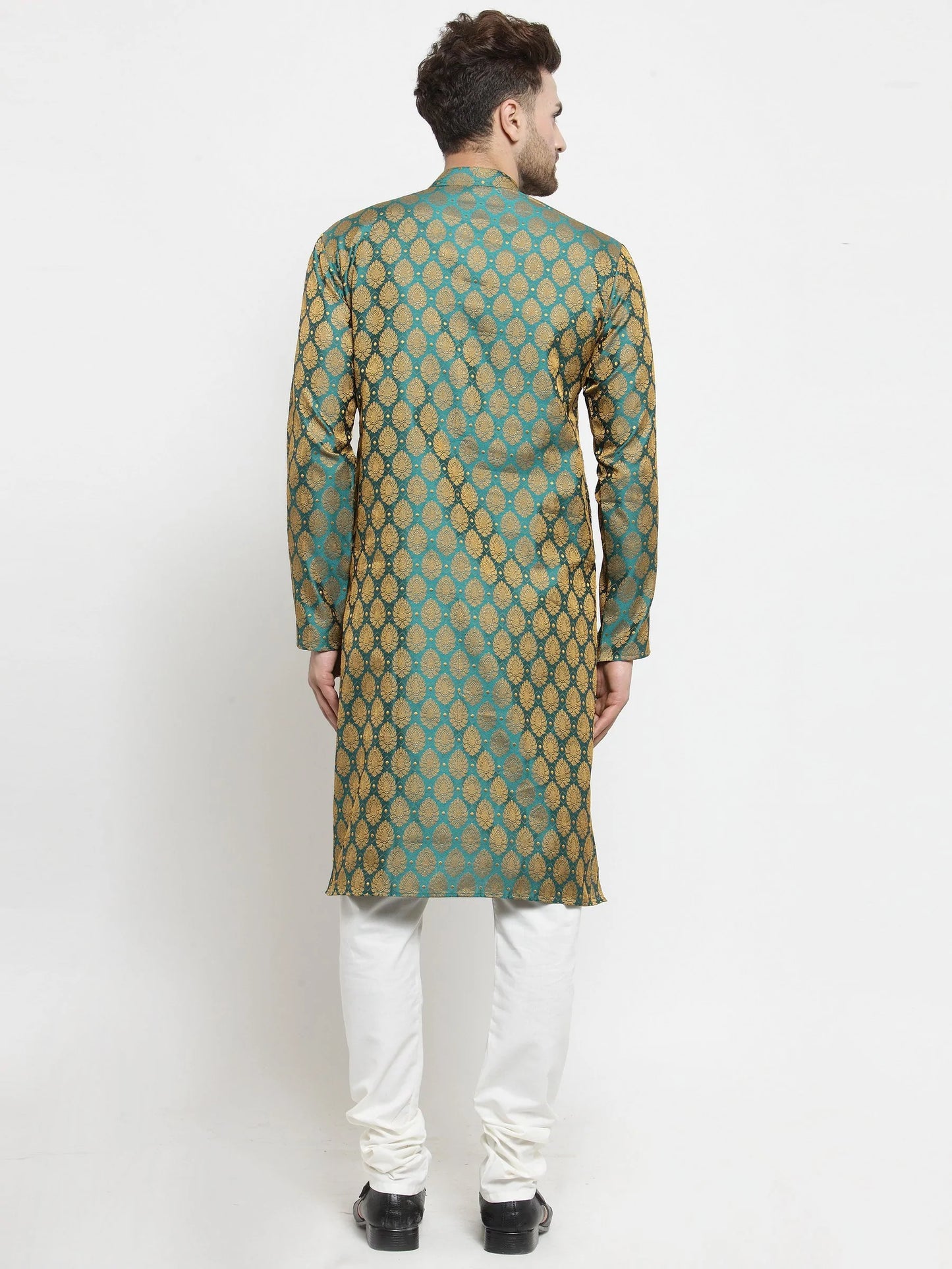 Men Green-Colored & Golden Self Design Kurta Only ( KO 586 Green )
