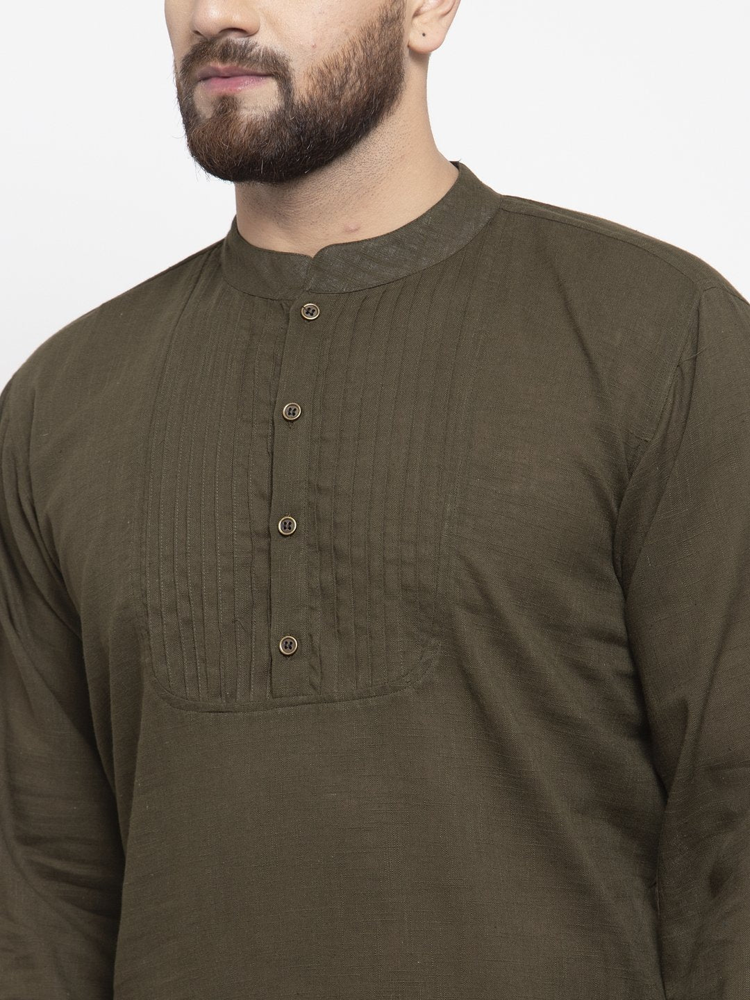 Jompers Men Olive-Green & White Solid Pin-tucks Kurta Only ( KO 594 Olive )