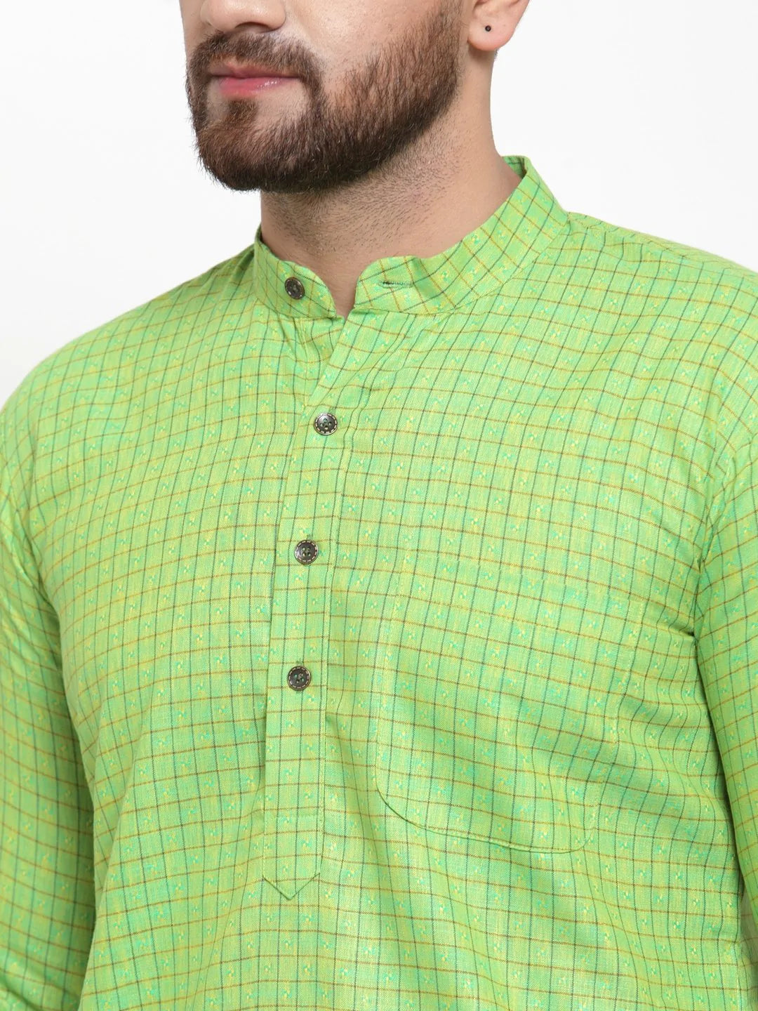 Jompers Men Green Checked Self Design Kurta with White Churidar ( JOKP 603Green )