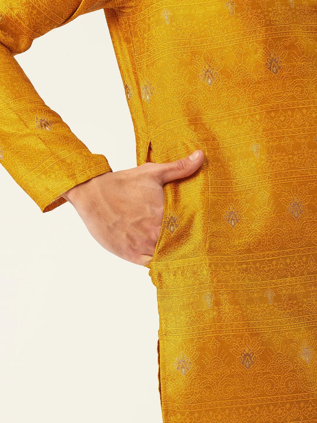 Jompers Men's Mustard Coller Embroidered Woven Design Kurta Pyjama ( JOKP 649 Mustard )