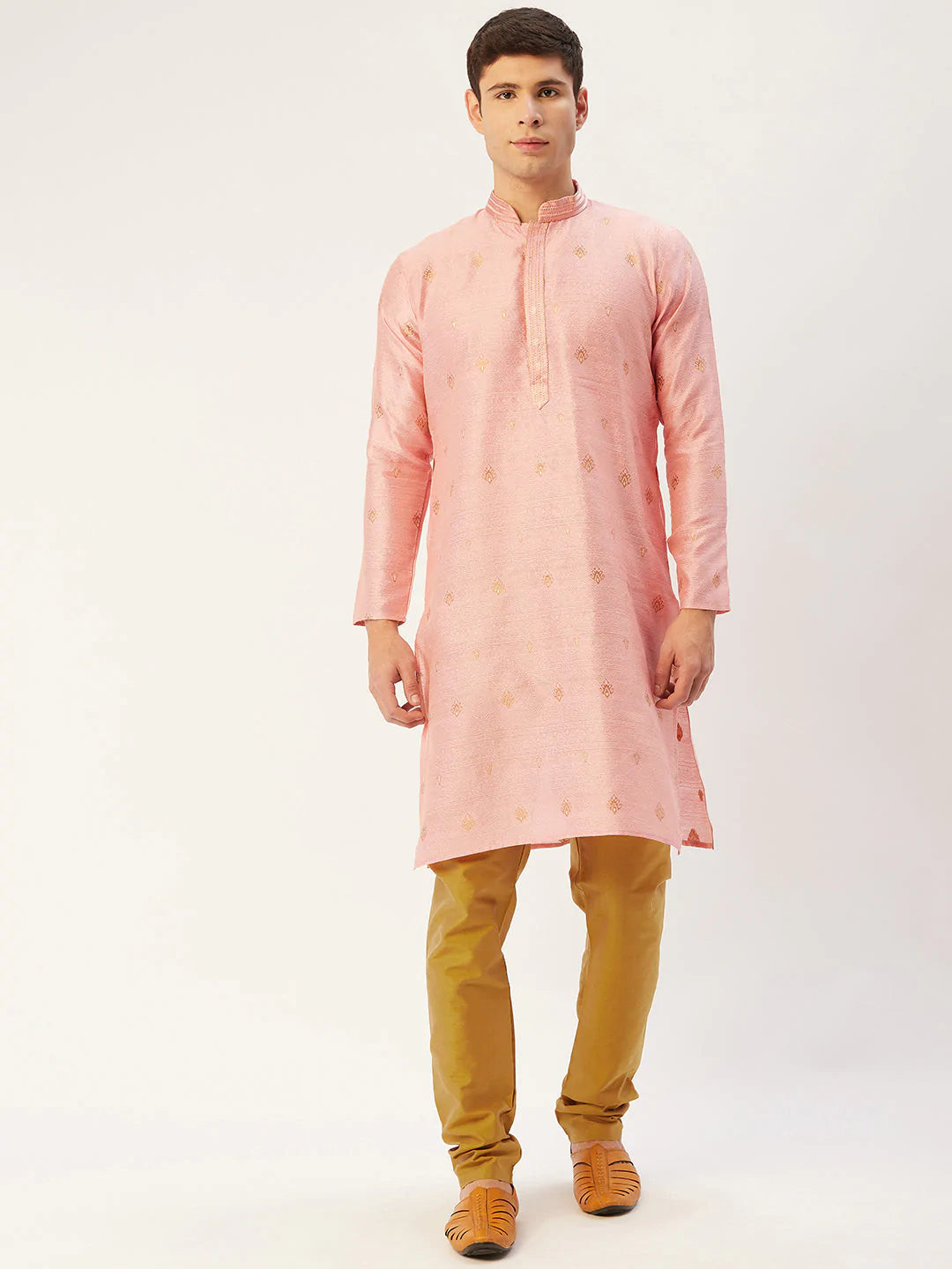 Jompers Men's Pink Coller Embroidered Woven Design Kurta Only ( KO 649 Pink )