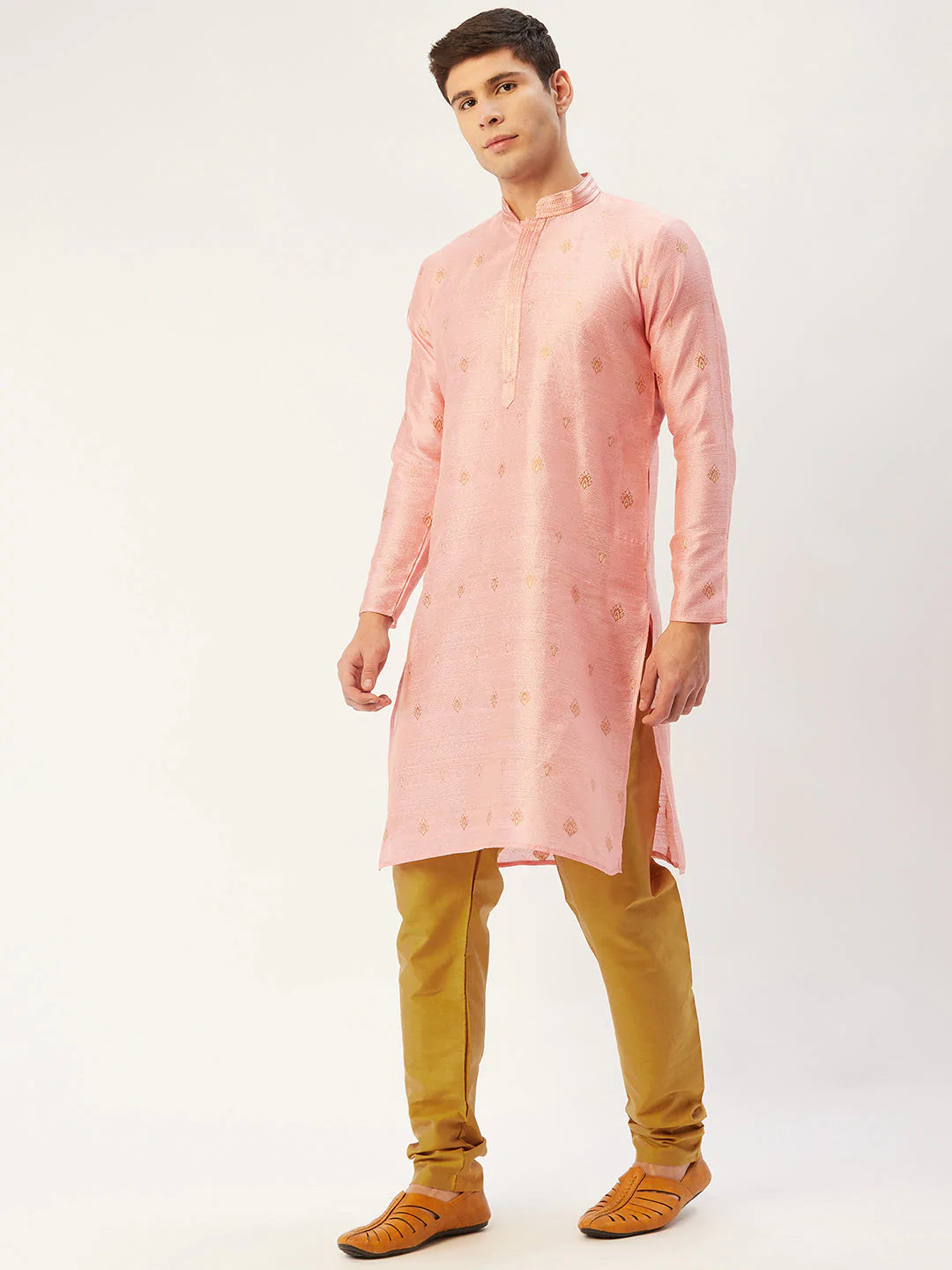 Jompers Men's Pink Coller Embroidered Woven Design Kurta Only ( KO 649 Pink )