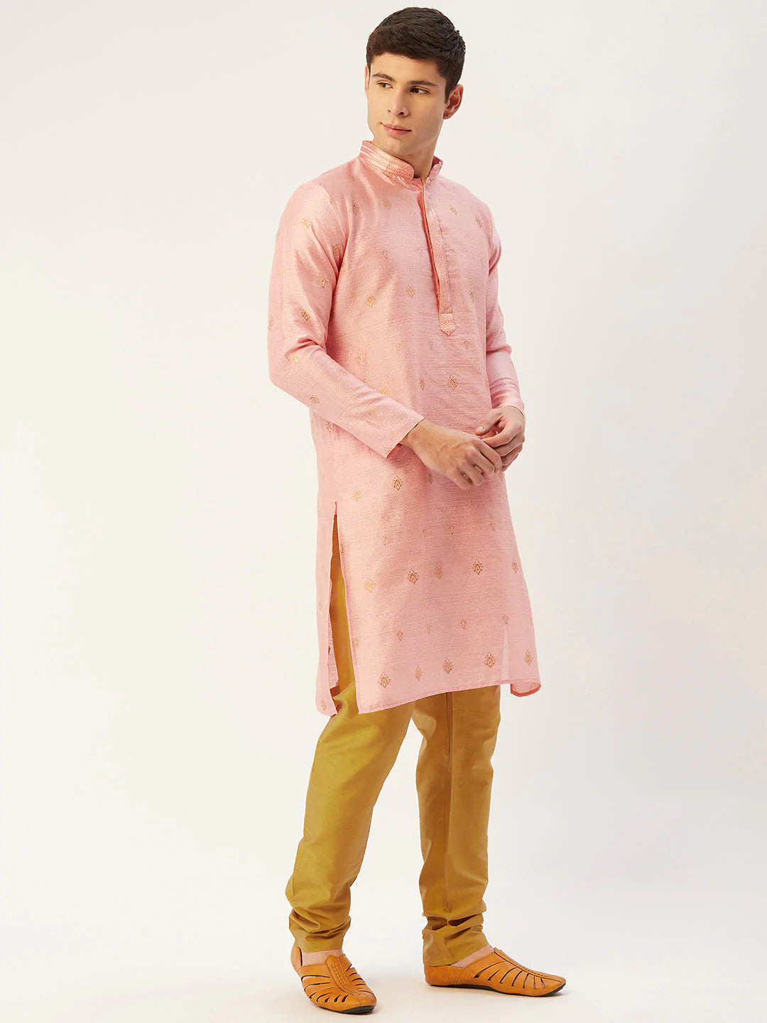Jompers Men's Pink Coller Embroidered Woven Design Kurta Only ( KO 649 Pink )