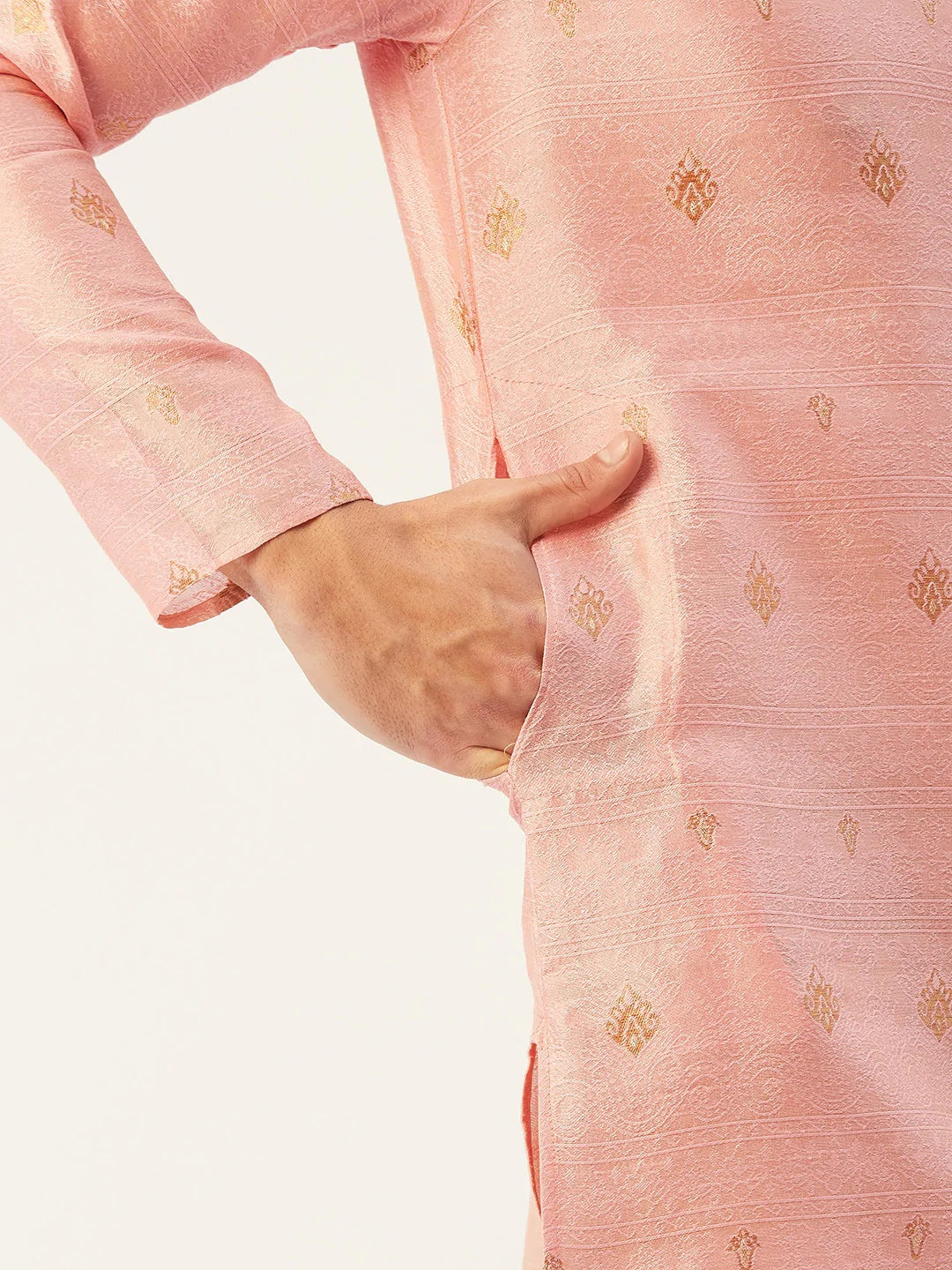 Jompers Men's Pink Coller Embroidered Woven Design Kurta Only ( KO 649 Pink )
