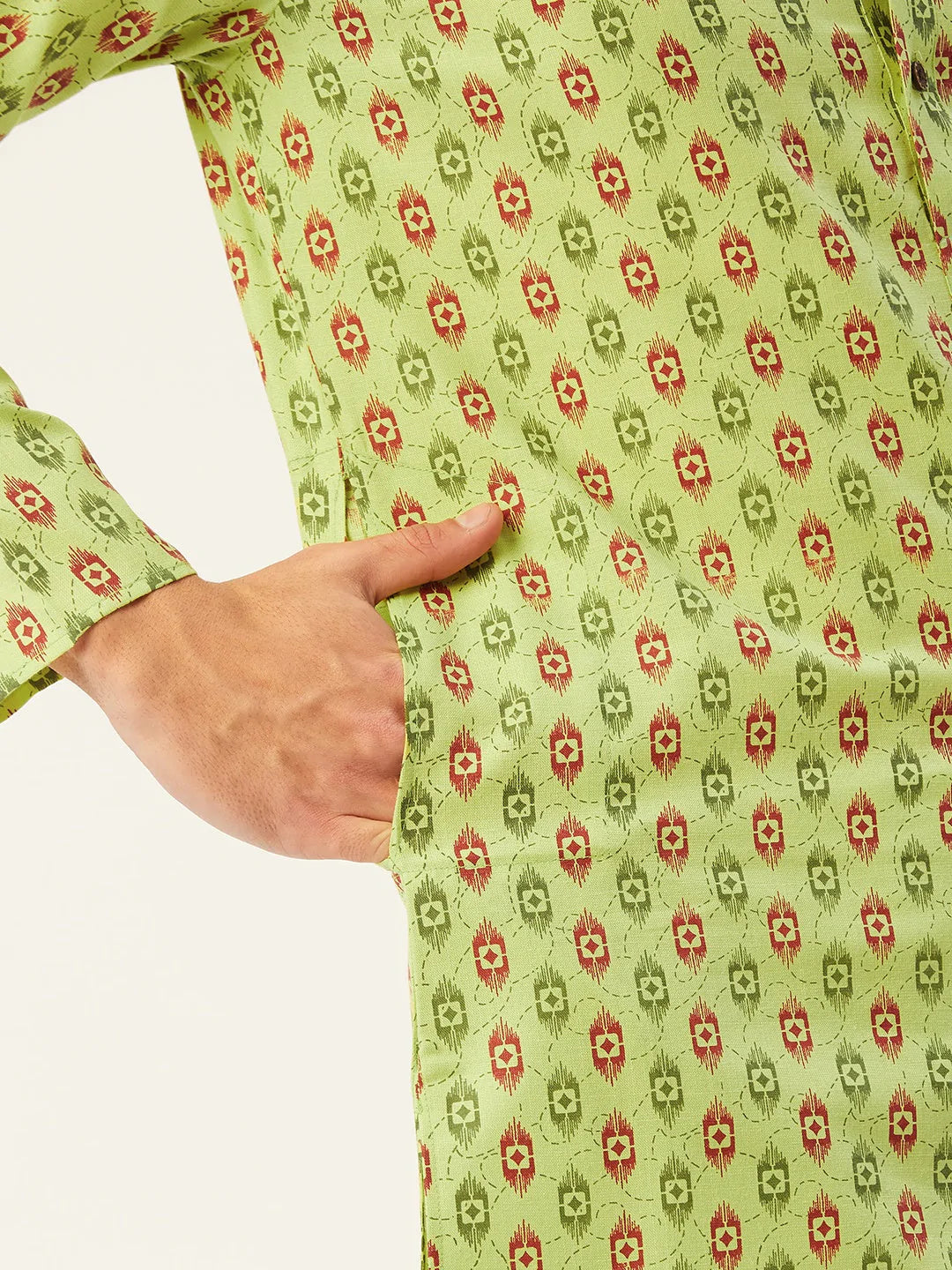 Jompers Men's Green Cotton Ikat printed kurta Only( KO 651 Green )