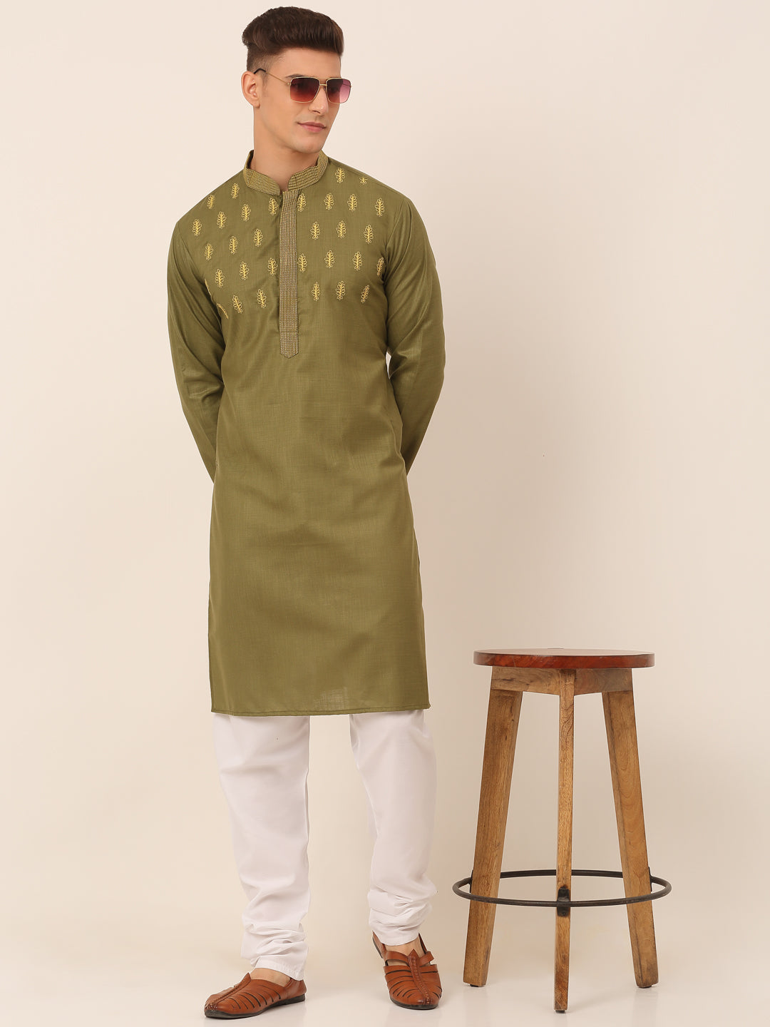 Men’s Olive Green Embroidered Kurta with Mirror Work