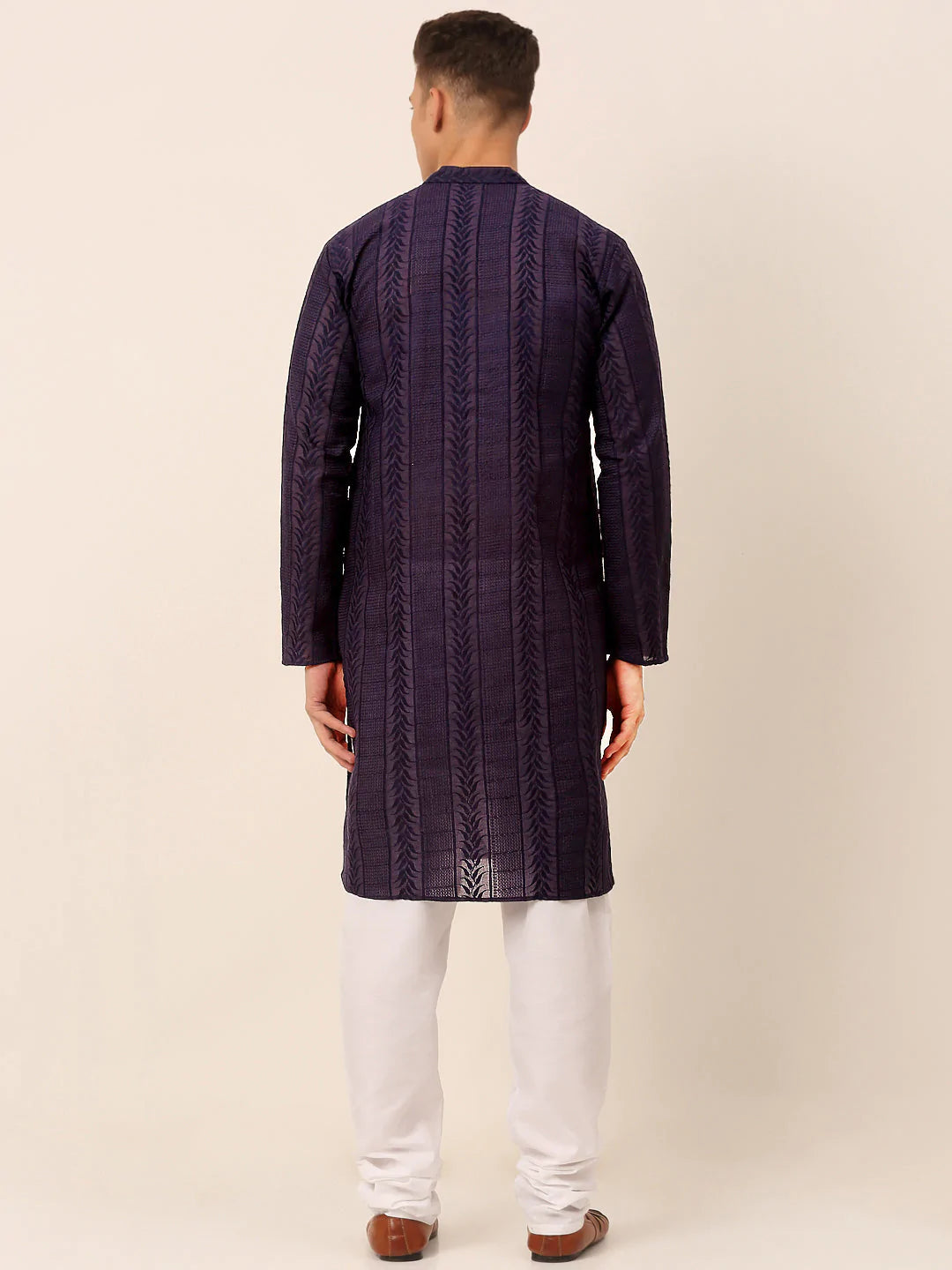 Men's Pure Cottom Embroidered Kurta Pyjama Set ( JOKP 660 Navy )