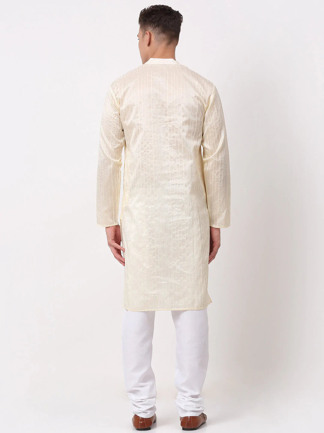 Men's Silk Blend Sequence Embroidered Kurta Pyjama Set ( JOKP 661 Cream )