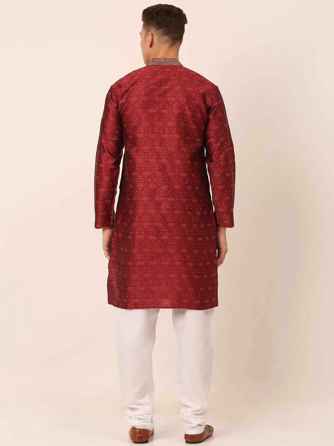 Men's Silk Blend Collar Embroidered Kurta Pyjama Set ( JOKP 662 Maroon )