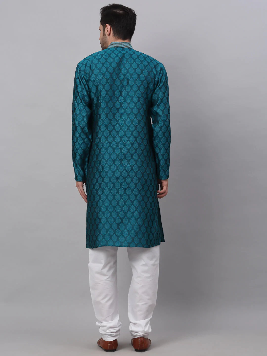 Men's Silk Blend Collar Embroidered Kurta Pyjama Set ( JOKP 663 Peacock )