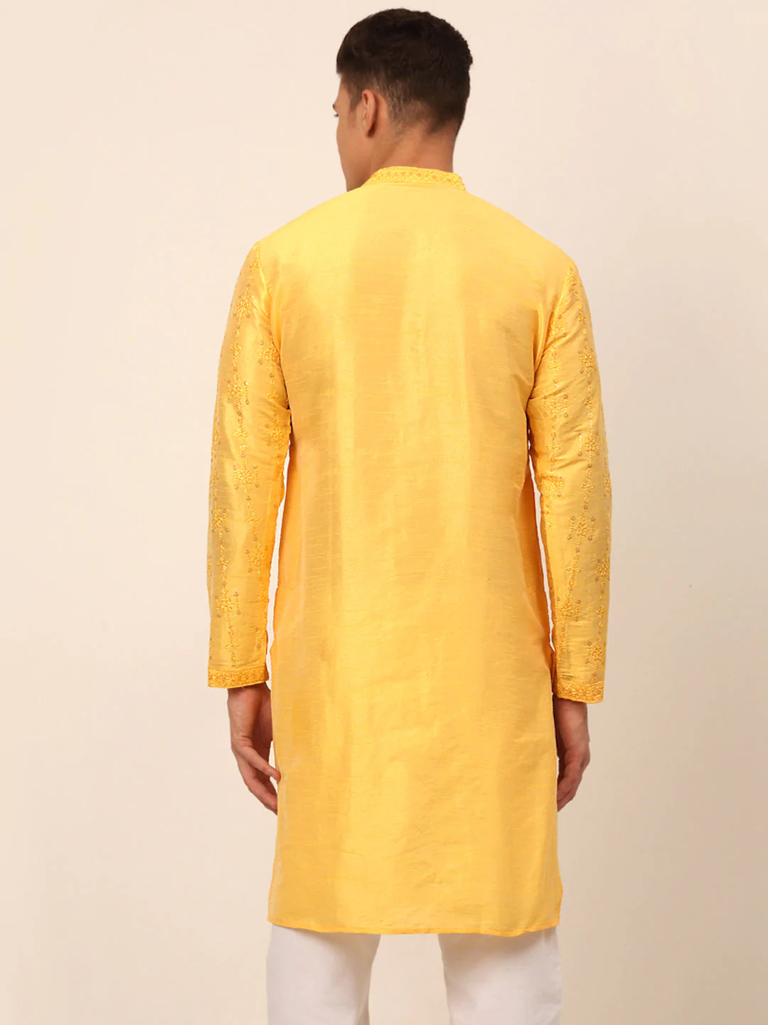 Men's Silk Blend Collar Embroidered Kurta Only ( KO 665 Yellow )