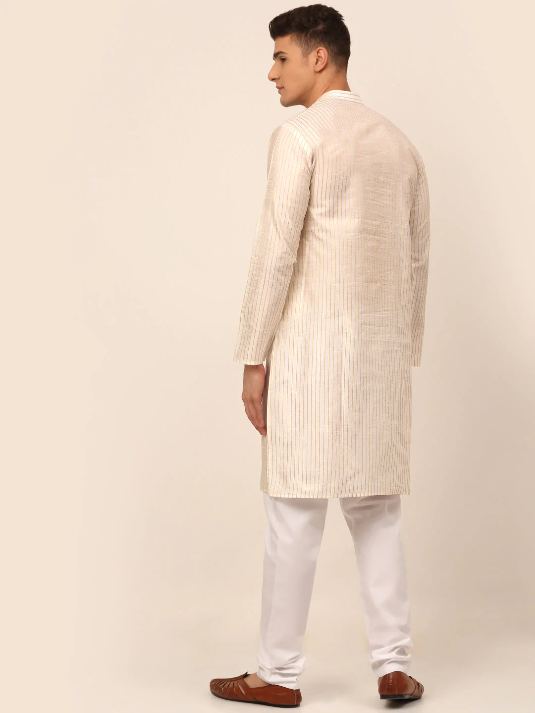 Men Cream Striped Pleated Chikankari Kurta pyjama Set ( JOKP 666 Cream )