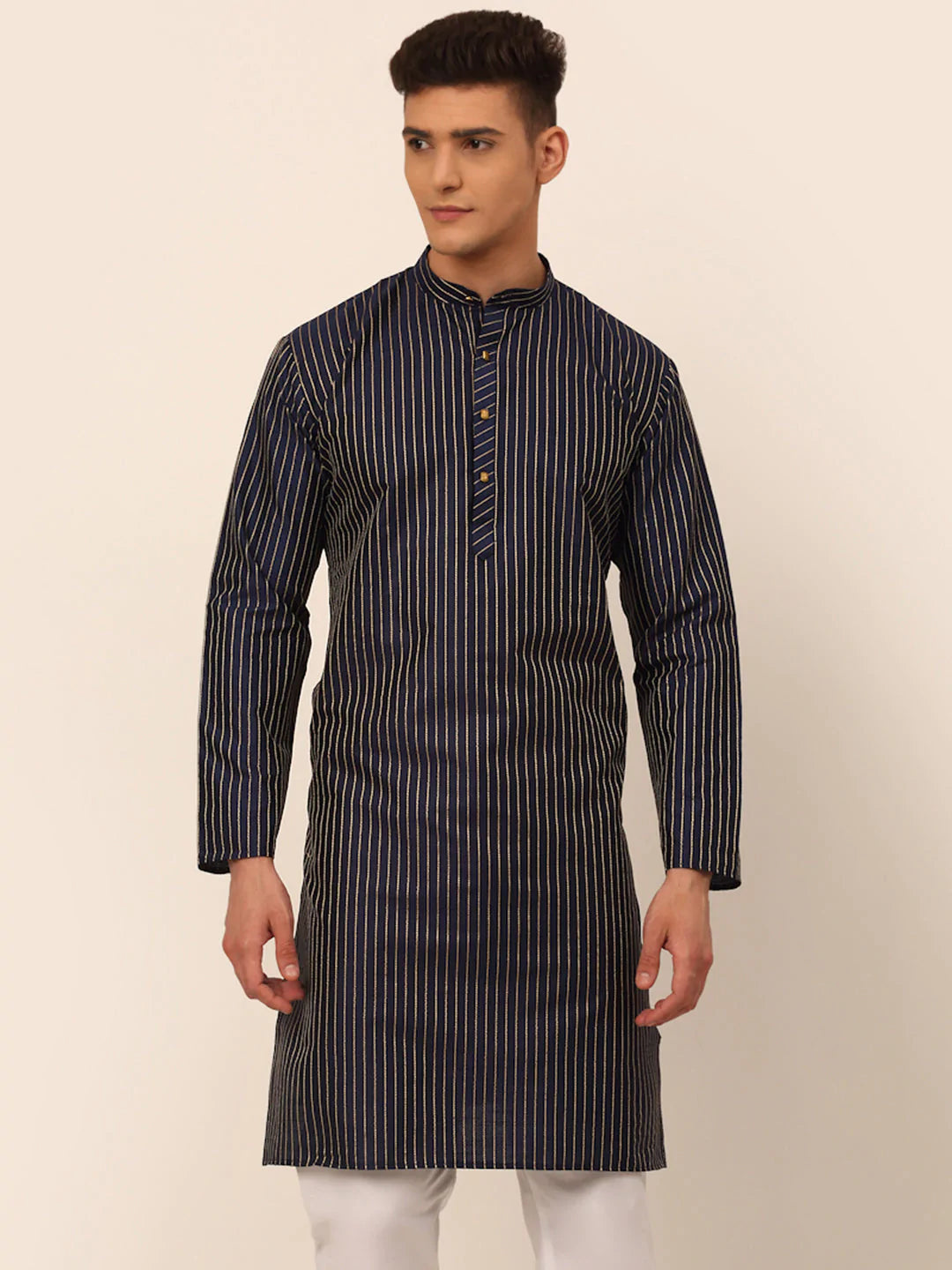 Men Navy Blue Striped Pleated Chikankari Kurta Only ( KO 666 Navy )