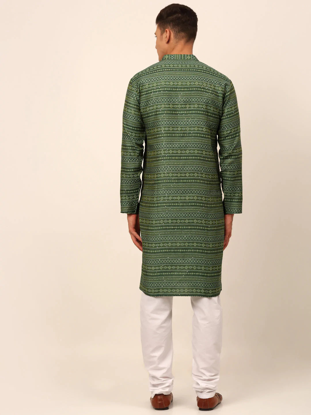 Men Sequinned Kurta with Churidar ( JOKP 668 Green )