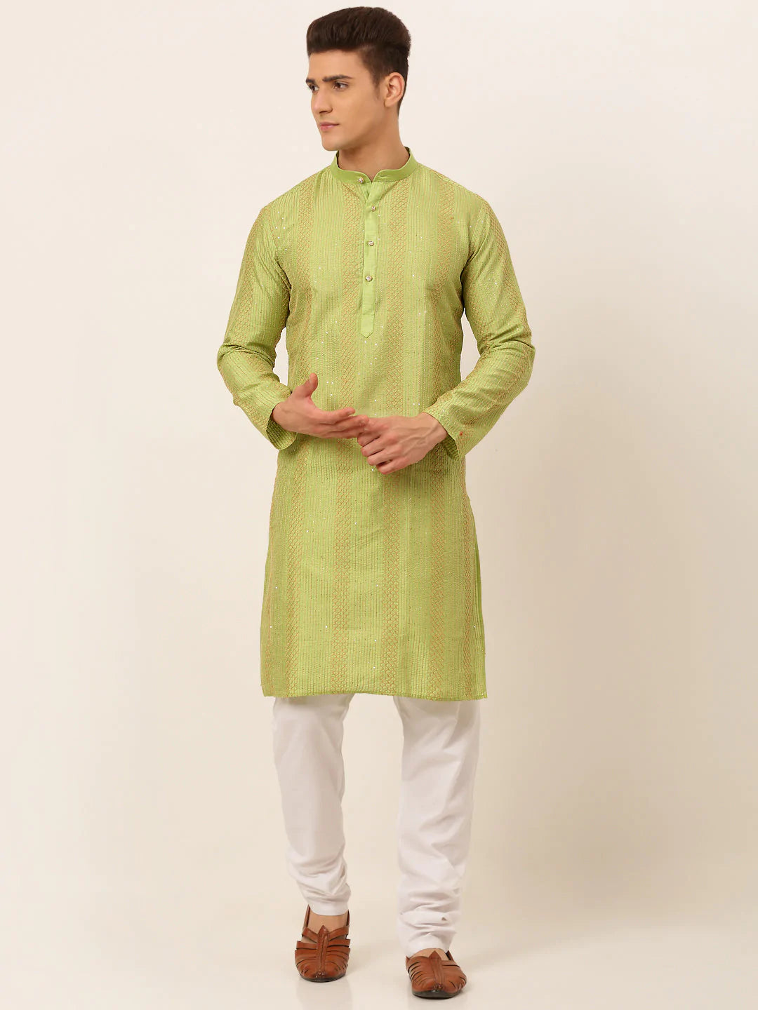 Jompers Men's Pista Green Embroiderd Kurta Pajama ( JOKP 671 Pista )